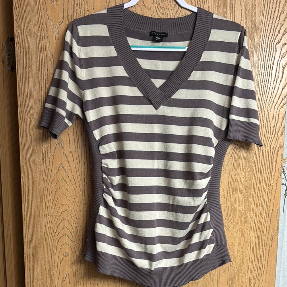 Metaphor Brown and Cream Striped V-Neck Blouse